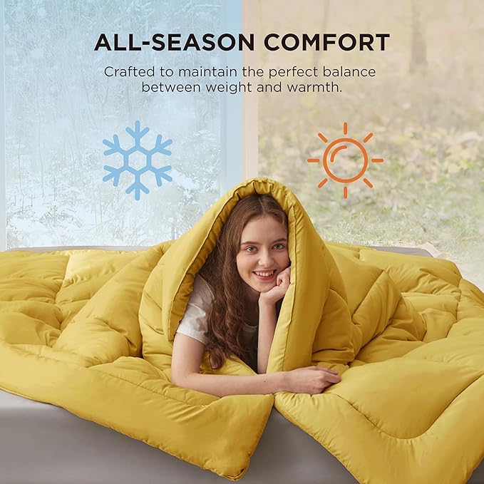 Bedsure Comforter Duvet Insert - Quilted Comforters Full Size, All Season Duvet, GentleSoft Down Alternative Bedding Blanket, with 8 Tabs, Gifts for Women/Men, Mustard Yellow, Full 86 x 82 Inches