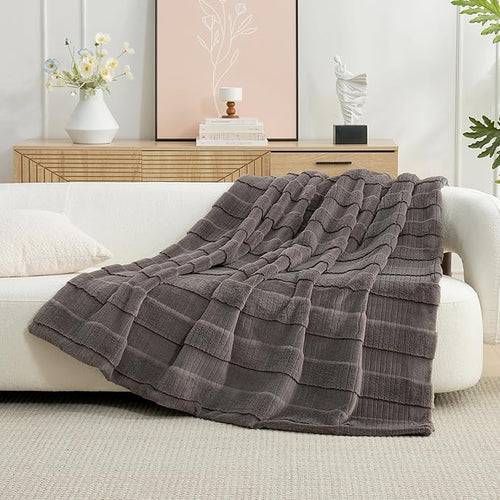 Amélie Home Luxury Striped Faux Fur Throw Blanket for Couch, Soft Cozy Fuzzy Fluffy Soft Plush Blankets Sofa Chair Gift Blankets for Women, 60"x80", Charcoal Gray