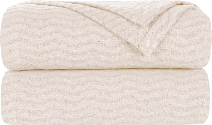 Superior JENA Cotton Blanket, for Picnic, Beach, Traveling or Camping, Bedroom Decor, Essentials, Cover for Bed, Couch, Lounging, Textured Jacquard, Modern Chevron Woven Blanket, Throw, Ivory