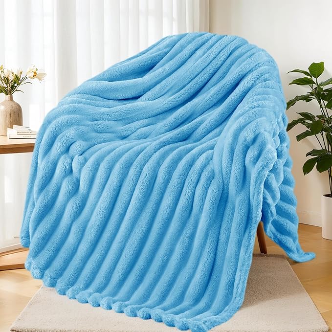 Exclusivo Mezcla Fleece Throw Blanket for Couch, Super Soft Striped Jacquard Bed Blanket, Lightweight Fuzzy Cozy for All Seasons, 50x60 Inches, Blue