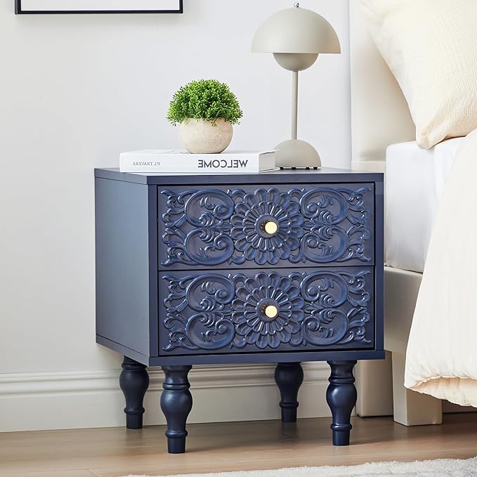 Nightstand, Farmhouse Bedside Table with 2 Drawers and Metal Handles, Wood Sofa Side Table End Table Accent Dresser for Bedroom, Living Room (Blue-2 Packs) (15.75 x 16.02 x 18.15 Inch)