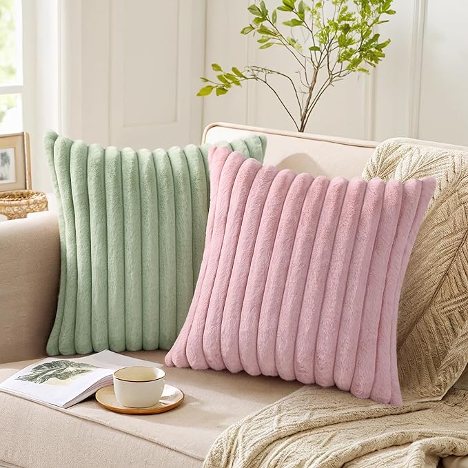 Pallene Faux Fur Plush Spring Throw Pillow Covers 20x20 Set of 2, Luxury Soft Fluffy Striped Decorative Pillow Covers for Sofa, Couch, Living Room, Sage Green