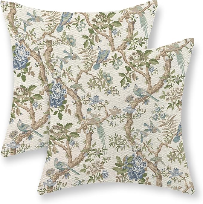 Chinoiserie Pillow Covers 18x18 Set of 2 Blue Green Bird Floral Throw Pillows Vintage Blue Flowers Decorations Outdoor Pillowcase Chinoiserie Decor Farmhouse Linen Cushion Case for Couch Home