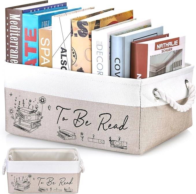 Book Lovers Gifts for Women Men – TBR Book Storage Basket with Pocket, Book Basket for Couch & Bedside, Reading Accessories, Book Club Gifts for Teacher Librarian, Decor for Living Room