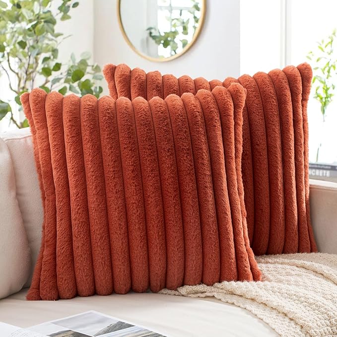 MIULEE Faux Fur Decorative Throw Pillow Covers 20x20 Inch Set of 2, Retro Vintage Boho Home Decor Soft Plush Couch Pillows Cozy Fluffy Cushion Covers for Sofa Bed Rust