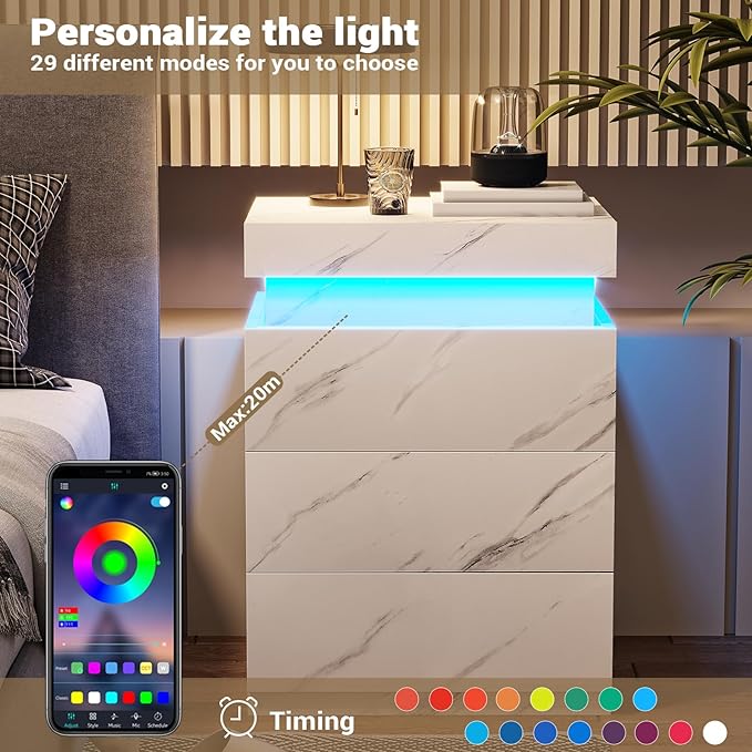 ADORNEVE Nightstand with Charging Station and LED Lights,Night Stand with Sliding Top for Bedroom,Bedside Table with Drawers,Modern End Side Table,White Marble