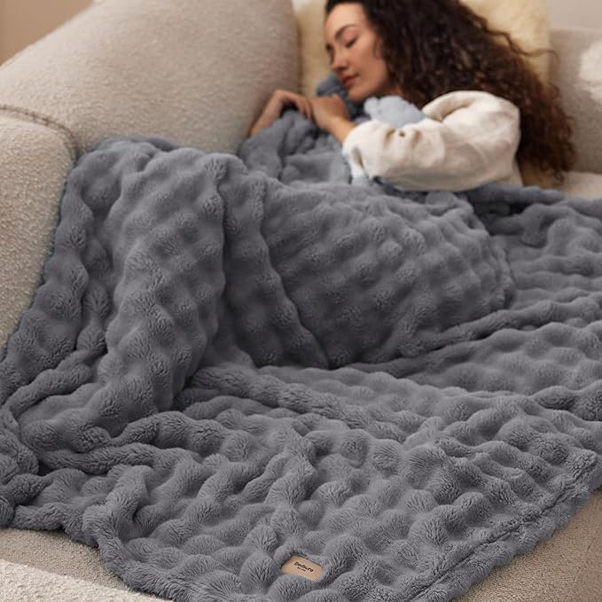 Bedsure 3D Fleece Bubble Blanket for Couch - GentleSoft Grey Throw Blanket for Sofa Bed Room Decor - Luxury Soft Cozy Gifts for Women, Lightweight, All Seasons, Grey, 50"×60"
