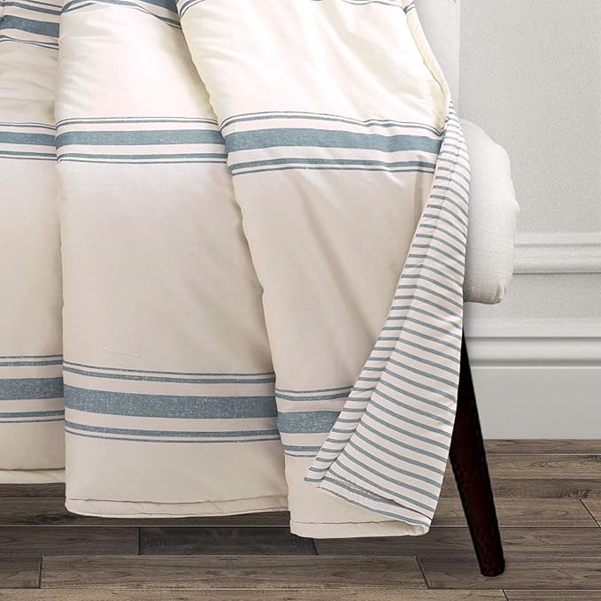 Lush Decor Farmhouse Stripe Reversible Throw, Single, 50" W x 60" L, Blue - Blue Throw Blanket For Bed - Soft Blanket - Couch Throw - Rustic Farmhouse Decor