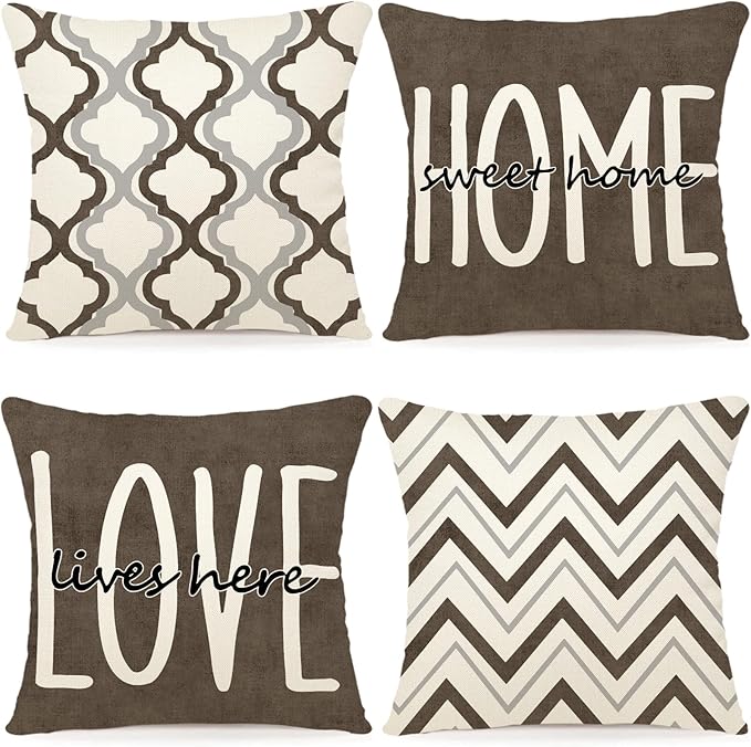 YCOLL Farmhouse Pillow Covers 18x18 Set of 4 Throw Pillow Covers Rustic Linen Decorative Pillows Square Cushion Covers for Couch Sofa Bedroom Home Decor
