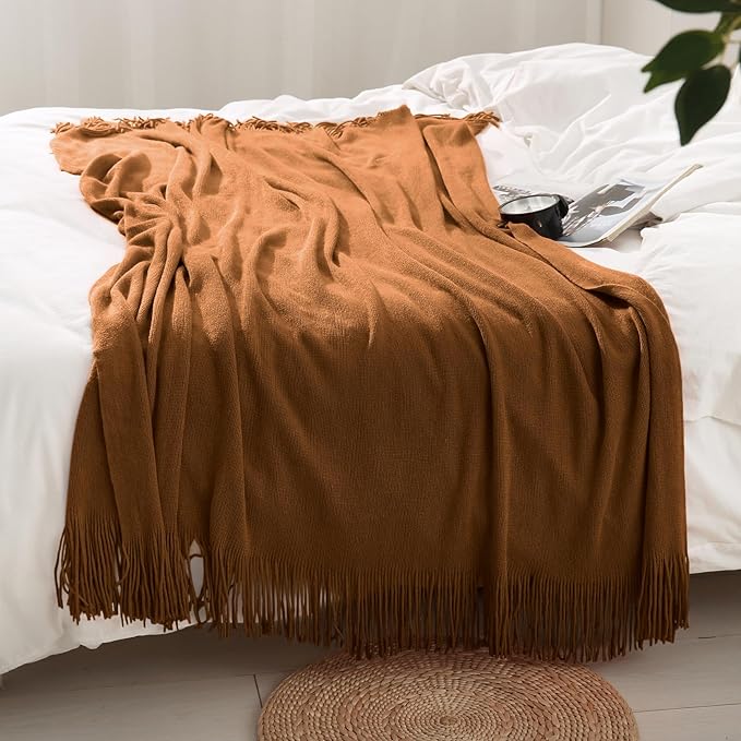Homiest Decorative Knitted Throw Blanket with Fringe, Lightweight Acrylic Knit Blanket, Soft & Cozy Tassel Throw for Couch Sofa Bed (Camel Brown, 50 x 60 Inch)