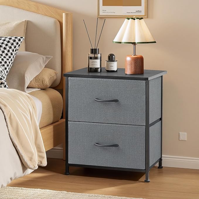 Nightstand, Small 2 Drawer Dresser End Table Bedside Furniture, Wooden Top Fabric Bins for Bedroom, Closet, Entryway, Dorm, 11.8" D x 18" W x 20", Gray