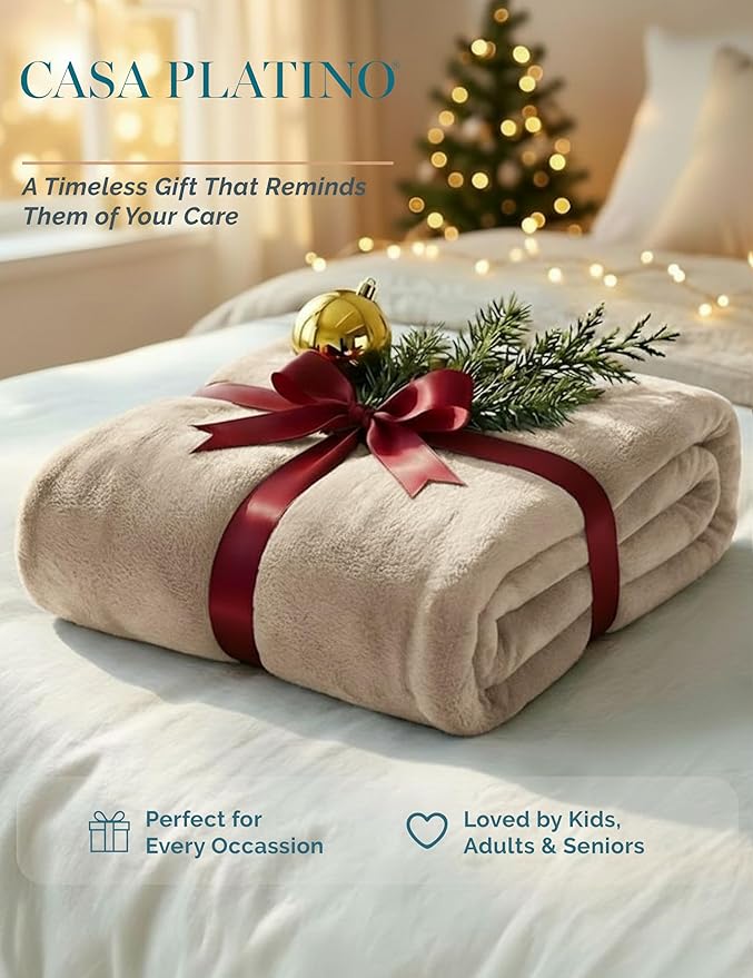 Casa Platino Fleece Throw Blankets – 300 GSM Beige – Soft Cozy Warm Holiday Throws for Winter, Fuzzy Plush Elegant Gifts for Kids, Men & Women - Ideal for Sofa, Chair or Bed - 50x60 Inch