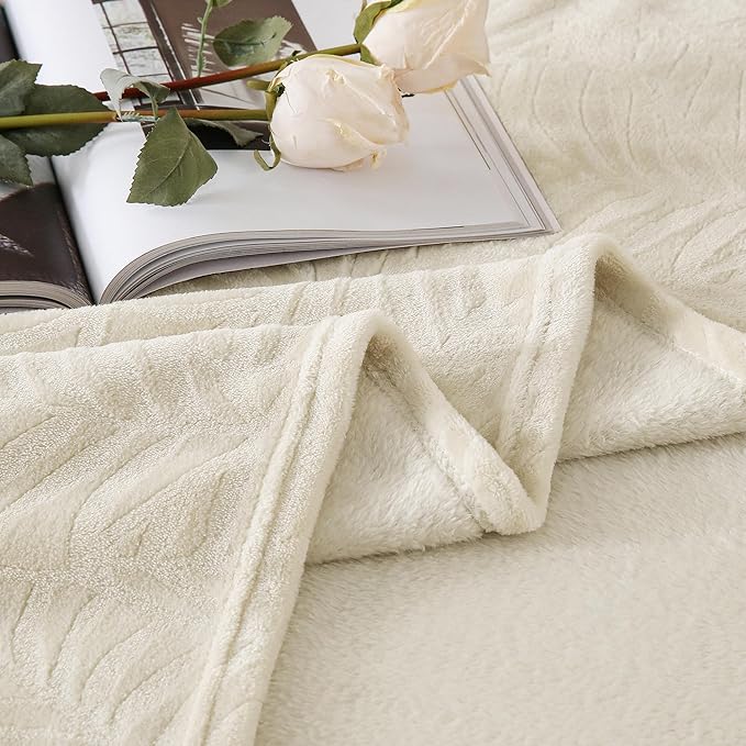 SOCHOW Super Soft Flannel Fleece Throw Blanket, Lightweight Cozy Warm Leaves Textured Plush Blanket for Bed Couch Sofa, 50 x 60 Inches, Linen