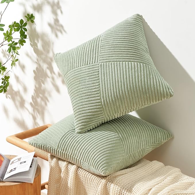 Topfinel Set of 2 Sagegreen Decorative Green Throw Pillow Covers 12x12 Inch, Soft Corduroy Pillow Covers Windmill Textured Striped Patchwork Cushion Cases for Couch Sofa Bed Cute Aesthetic Home Decor