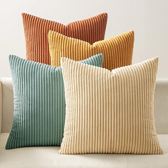 EMEMA Teal Orange Decorative Throw Pillow Covers for Couch Bed Livingroom 16x16 Inch Set of 4 Boho Farmhouse Corduroy Striped Square Pillow Case,Western Modern Cushion Covers Home Decor