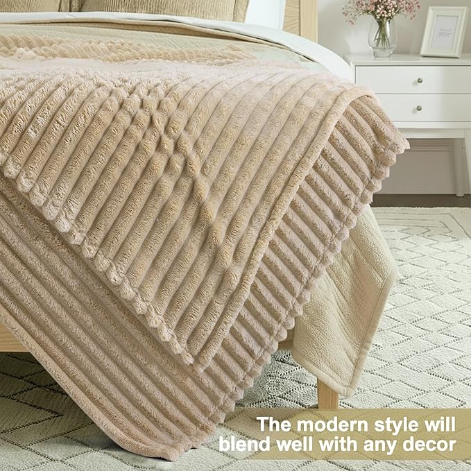 decorUhome Soft Fleece Light Brown Blanket King Size for Bed, Cozy Fluffy Plush Flannel Large Striped Throws for Couch Sofa, Lightweight Decorative Fuzzy Blanket for Woman, 108x90 Inches