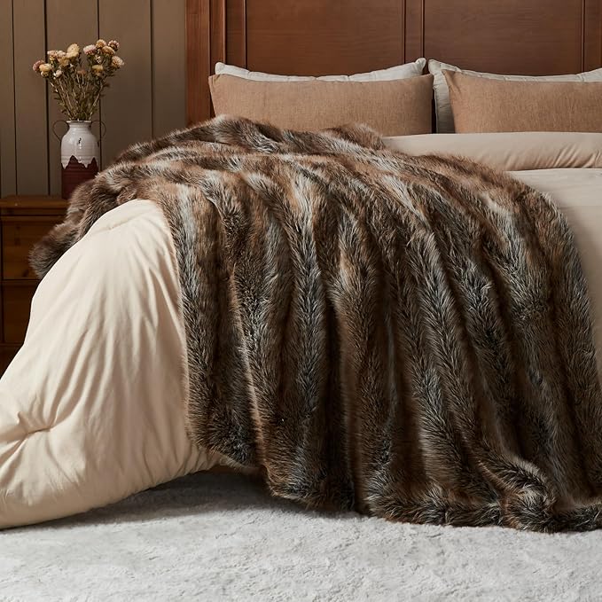 NEWCOSPLAY Faux Fur Twin Blanket Luxury Fluffy Thick Warm Blanket for Couch Sofa Bed 1000GSM (Stripe Dark Brown Thick, Twin(60"x80"))