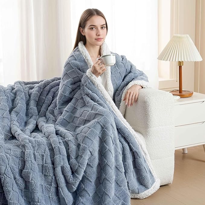Sherpa Throw Blanket for Couch, Flannel Cozy Soft Thick Blanket for Bed - Fleece, Dirty Blue, 60x80 Inches