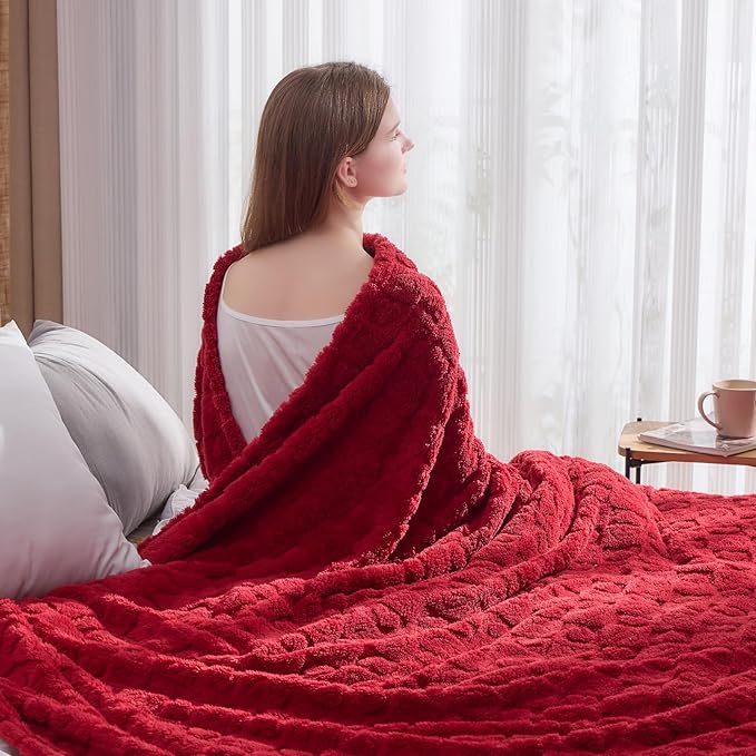 NEWCOSPLAY Super Soft King Blanket Red Premium Silky Flannel Fleece 3D Heart Checkered Lightweight Bed Blanket All Season Use (Red Heart, King(90"x110"))