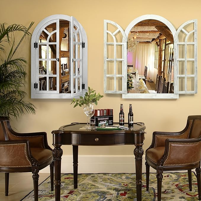 Window Mirrors for Wall Decor -White Arched Wall Mirror Farmhouse Wall Decor Wood Frame Decorative Wall Mirrors Like Window for Bedroom, Living Room, Entrance, Dining Room