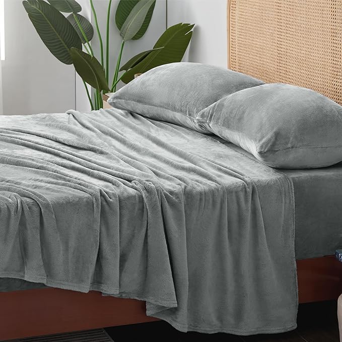 BEDELITE Flannel Sheets Twin Size Grey - Super Soft Fleece Sheets Set Fluffy Extra Plush, 3 Piece(Include Fitted Sheet, Flat Sheet, 1 Pillowcase)