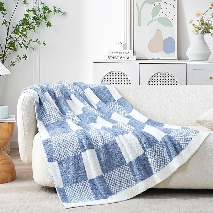 Snuggle Sac Checkered Blanket, Blue Throw Blanket for Couch Checker Microfiber Fluffy Warm Fuzzy Cozy Soft Throw Blanket Reversible Checkerered Blankets for Sofa, Chair, Bed, 60x80 inches
