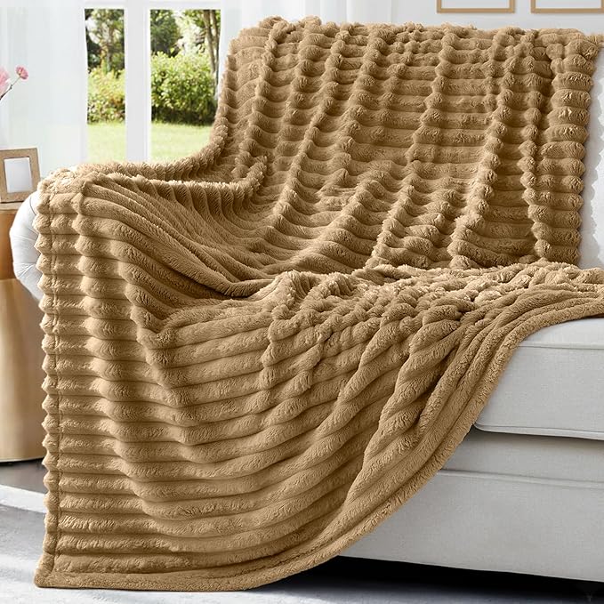 decorUhome Soft Fleece Brown Twin Blanket for Bed, Cozy Fluffy Plush Flannel Striped Throws for Couch Sofa, Lightweight Decorative Ribbed Fuzzy Blanket for Woman, 60x80 Inches