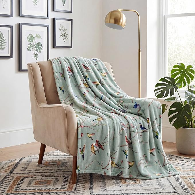 Horaldaily Spring Summer Flannel Blanket Throw, Birds Branch Green Floral Soft Fuzzy Plush Cozy Fleece Blankets for Couch Sofa Bed Lounging, Ideal Gifts for Kids Adults Self, 40x50