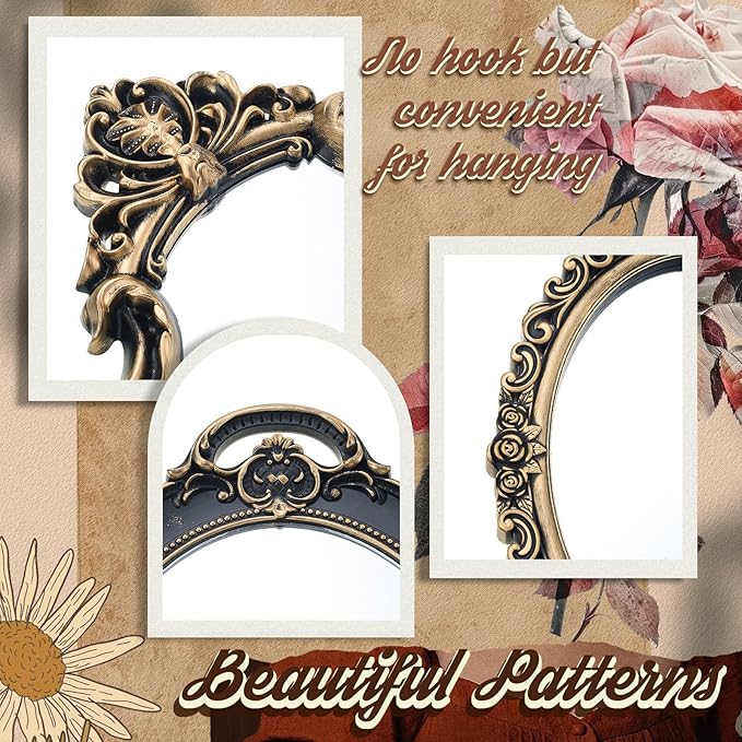 3 Styles Vintage Mirrors Set Decorative Oval Wall Mirror Small Antique Mirrored Tray Decorative Retro Hanging Mirror for Bathroom Bedroom Jewelry Organizer Victorian Decor(Antique Gold)