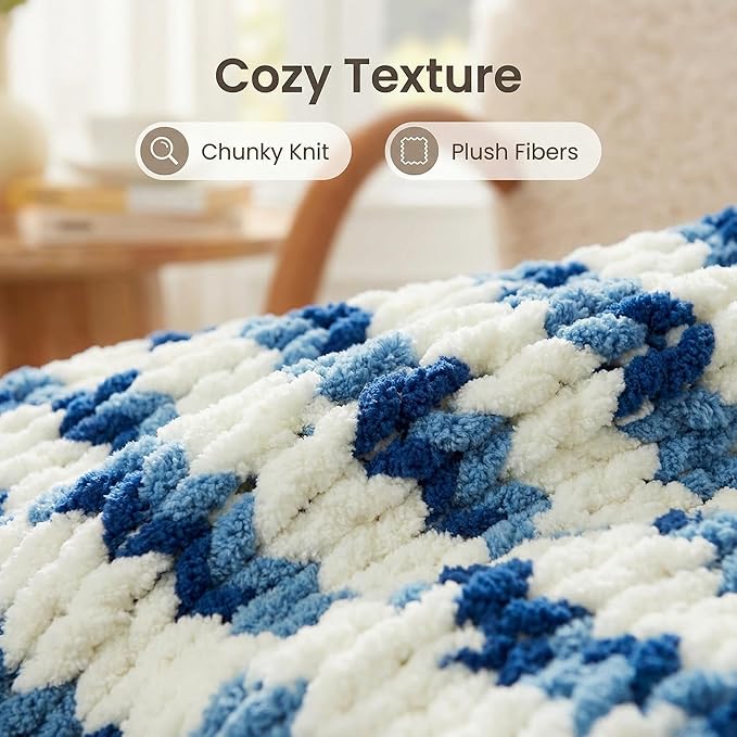 Amélie Home Chunky Knit Throw Blanket for Couch, Soft Chenille Crochet Blanket for Sofa, 50"x60", Space-Dyed Blue Striped