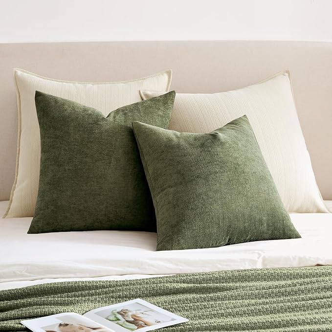 MIULEE Olive Green Couch Pillow Covers 20x20 Inch, Set of 2 Soft Chenille Decorative Square Throw Pillow Covers Farmhouse for Sofa Living Room Bed