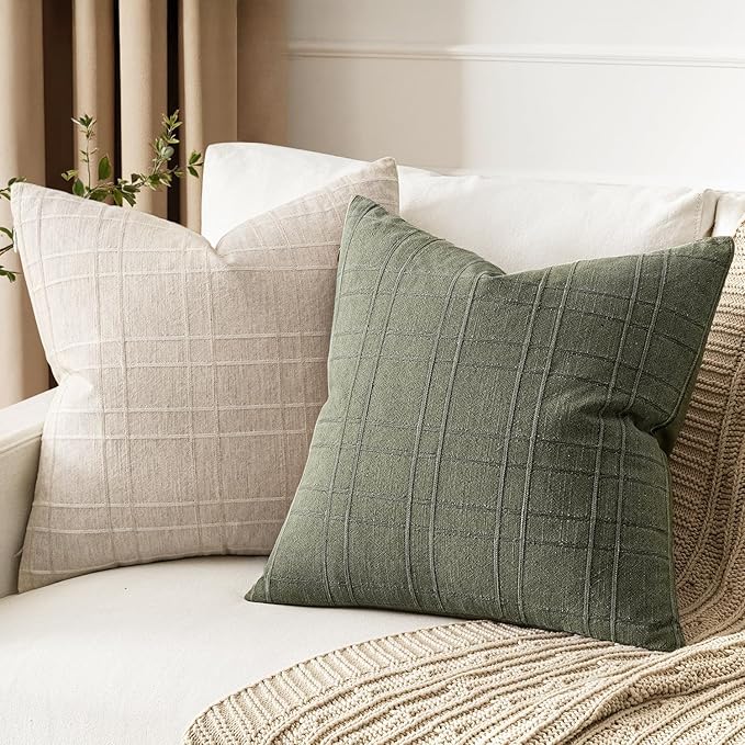 MIULEE Decorative Linen Check Euro Shams Throw Pillow Covers Neutral Farmhouse Vintage Spring Pillow Covers 26x26 Set of 2 Boho Modern Home Decor for Sofa Couch Bedroom Cushion Olive Green