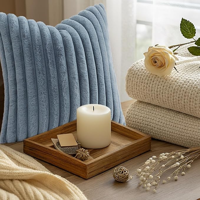 decorUhome Cozy Faux Fur Throw Pillow Covers 22x22 Set of 2 Decorative Soft Plush Striped Modern Farmhouse Boho Couch Euro Sham Pillow Cases with Velvet Back for Sofa Bed Living Room, Grey Blue