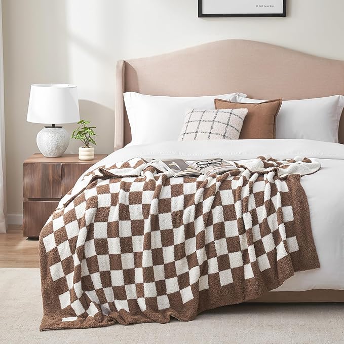 Snuggle Sac Checkered Throw Blanket for Couch, Super Soft, Cozy Warm Knit Blankets, Reversible Plaid Fluffy Throws for Sofa, Bed, Checkered Brown, 50x60 Inches