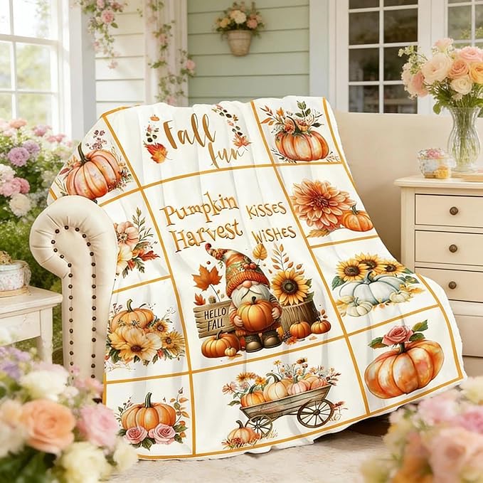 yuboo Pumpkin Gnome Spring Throw Blanket, 50"x60" Autumn Suflower Blankets and Throws for Couch, Soft Flannel Lap Sofa Blanket, Gnome Gift for Girls, Women, Teens, Kids, Family