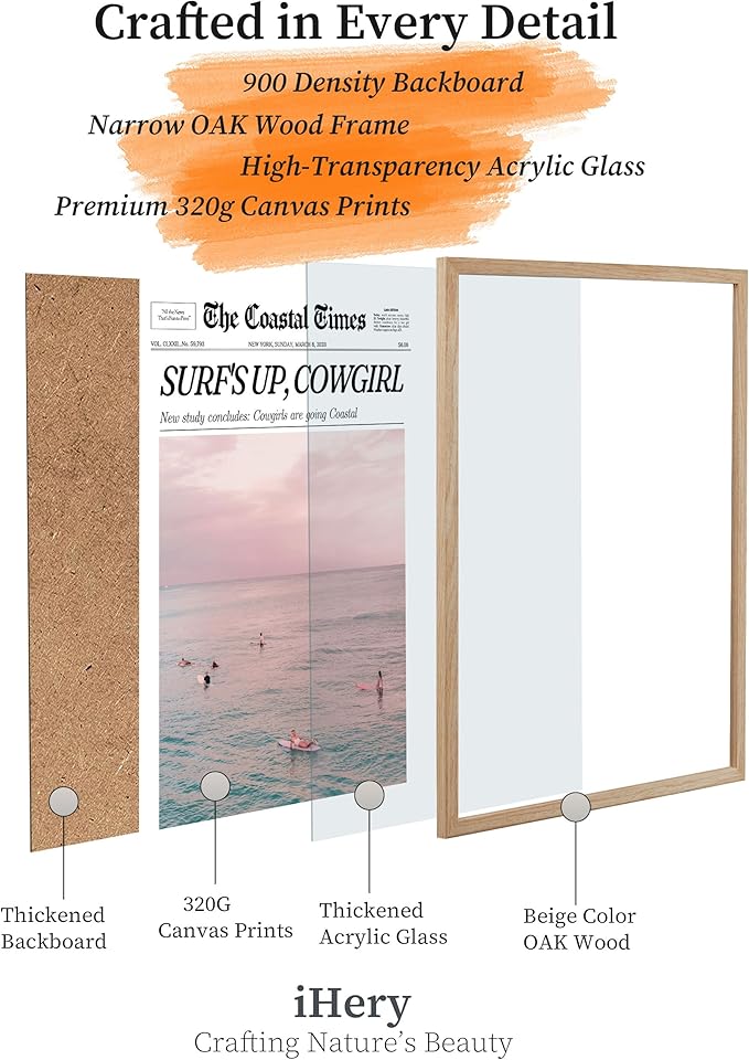 iHery Small Framed Trendy Coastal Cowgirl NewsPaper Wall Art Prints,Beige OAK Wood 8x10in Canvas Wall Decor For Bedroom,Western Vintage Bar Cart,Dorm Retro Surfing Up Home Décor 1Pack