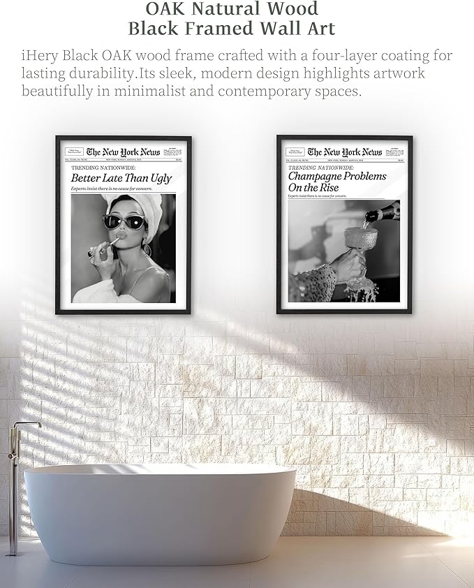 iHery Premium Natural Black OAK Wood 16x20in Champagne Problems On the Rise Newspaper Trendy Framed Wall Art, Vintage Funny Canvas Wall Decor For Girly Dorm Bedroom Living Room 1Pack