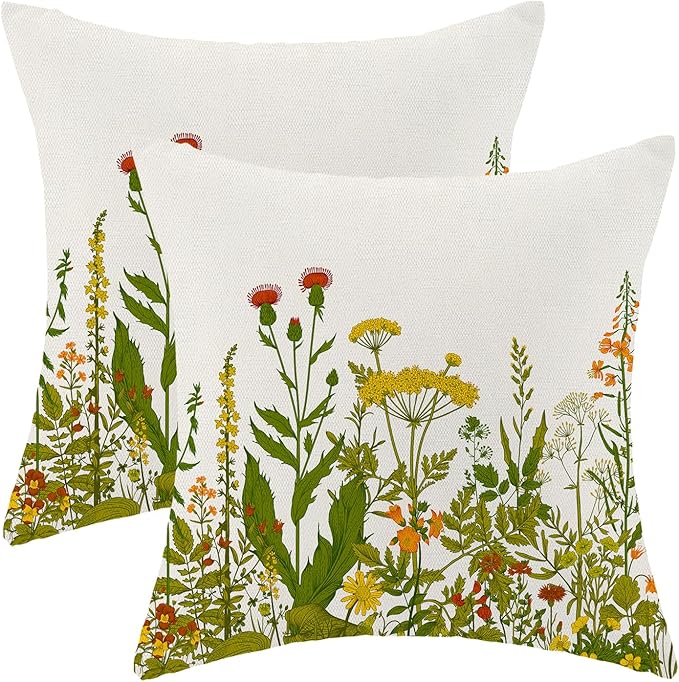 AEIOAE Yellow and Green Pillow Covers 16x16 Inch Set of 2, Spring Wildflower Plant Throw Pillows Case,Seasonal Floral Outdoor Decorative Flowers Farmhouse Decor Cushion Covers for Home Sofa Bed Couch