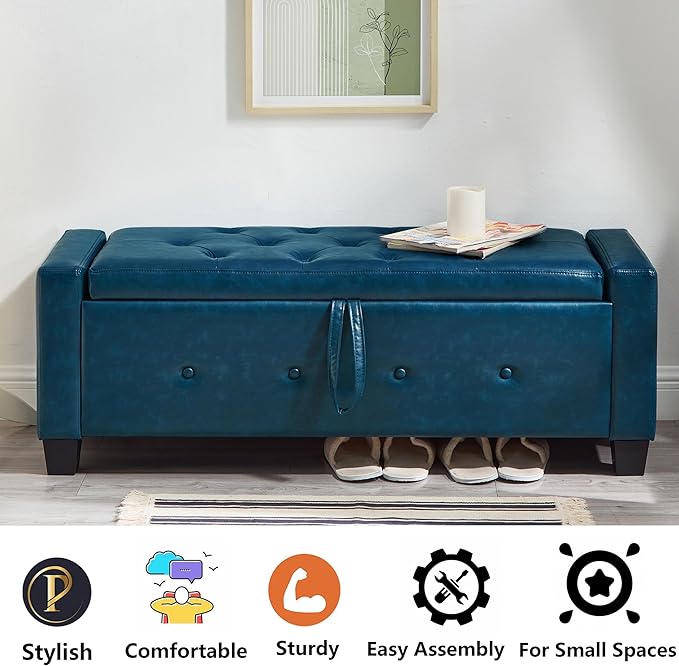 48" PU Leather Storage Ottoman Bench for Bedroom Bed End,Tufted Faux Leather Ottomans with Storage for Living Room,Bedside,Entryway,Modern Window Benches with Seating (PU Blue, 48")