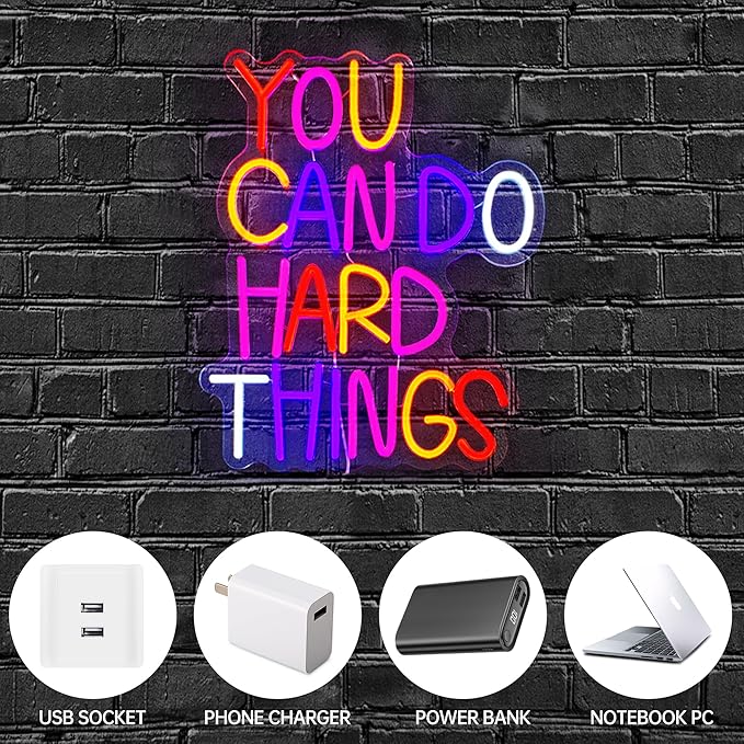 Neon Lights for Wall Decor - You Can Do Hard Things Neon Signs for Bedroom Classroom, Inspirational and Postive Led Neon Light sign for Libairy, Dorm, Kids' Room, Dimmable Switch USB Power, Adhesive Hook Included