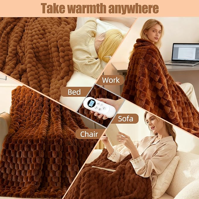 Heated Blanket Throw 50" x 60" Soft Ribbed Faux Fur Flannel Fast Heating 12 Heat Levels 1–12H Timer & Overheat Protection & Auto Shut-Off & ETL FCC & Machine Washable Heated Throw