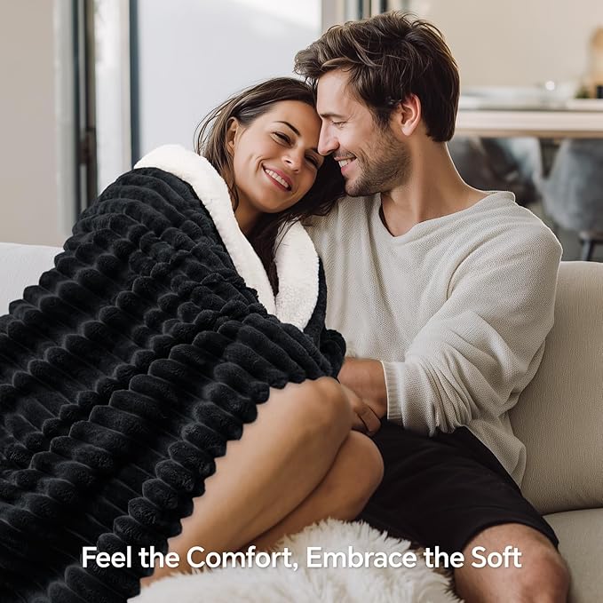 INFIIXSO Sherpa Throw Blanket for Couch - Super Soft & Warm Striped Fleece Blanket, Cozy Plush Fluffy Blanket All Season Use (Black, 50x60 Inches)