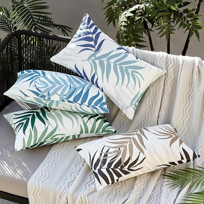 MIULEE Pack of 2 Decorative Outdoor Waterproof Throw Pillow Covers Patio Pillow Cases Natural Leaves Pattern Spring Square Cushion Shams Shell for Garden Balcony Couch 12x20 Inch, Sage Green