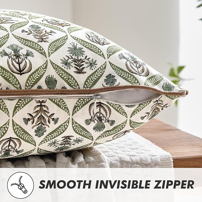 MIULEE Floral Throw Pillow Covers 18x18 Set of 2 Green and Brown Spring Decorative Block Print Cotton Cushion Covers for Couch Living Room, Modern Outdoor Sofa Vintage Garden Pillowcases Home Decor