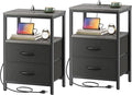 Huuger Nightstands Set of 2, End Tables with Charging Station, Side Tables with Fabric Drawers, Bedside Tables with USB Ports and Outlets, Night Stands for Bedroom, Charcoal Gray