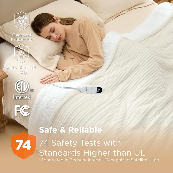 Bedsure GentleSoft Electric Blanket Twin - Soft Ribbed Flannel Heated Blanket, Heating with 10 Time Settings, 6 Heat Settings, and 8 hrs Timer Auto Shut Off, Gifts for Grandma (62"x84", Coconut White)