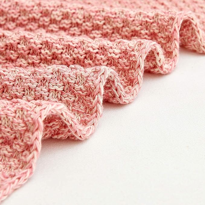 Longhui bedding Dusty Pink Knitted Throw Blanket for Couch, Soft, Cozy Machine Washable 100% Cotton Sofa Knit Blankets, 60 x 80 Inches Oversized, Pink and White Color, Laundry Bag Included