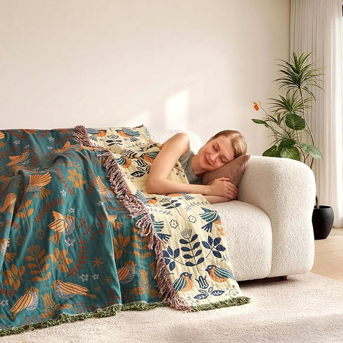 Boho Throw Blanket for Bed 100% Cotton Soft Quilt Spring Lightweight Blanket Bird Floral Embroidery Room Decor Twin Bed Blankets,60"x80" All Season Breathable Throw for Sofa&Couch Chair
