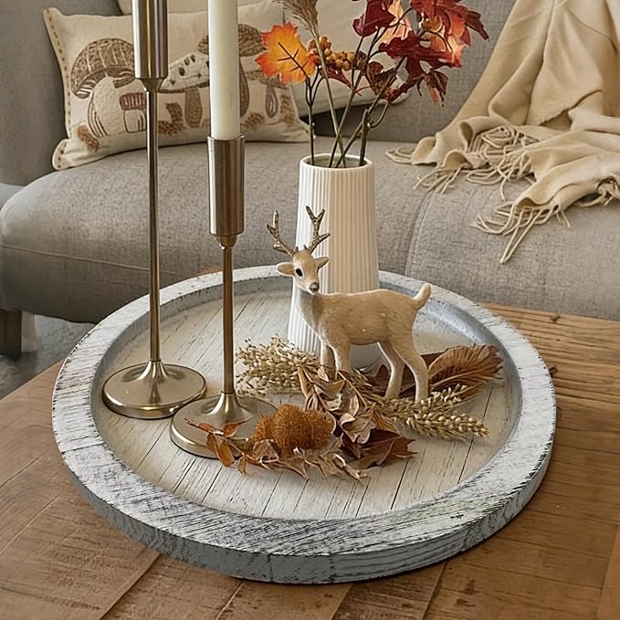 Candle Plate Holder Tray: Round Wooden Decorative Candle Plate Small Farmhouse Table Centerpiece Rustic White Wood Tealight Pillar Trays for Home Decor (White Rustic)