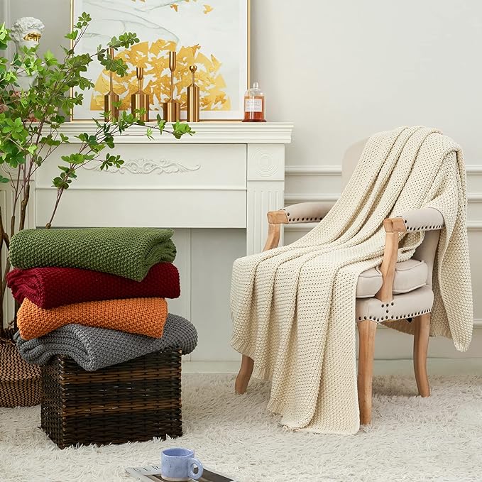Chunky Cable Knit Throw Blanket Lightweight Olive Green 100% Organic Cotton Blanket for Sofa Couch Bed Baby Nursery, Rustic Shabby Chic Modern Farmhouse, 60” x 80” Give Laundering Bag